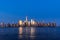 Financial District skyscrapers and Hudson River at dusk. Lower Manhattan, New York City