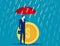 Financial expert holding umbrella over the coin symbol from rain. Business vector illustration