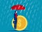 Financial expert holding umbrella over the coin symbol from rain. Business vector illustration