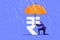 A financial expert holding umbrella over the rupee symbol from rain