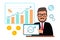 Financial expert, male financier with laptop, growing graph and business icons. Illustration, business and finance concept