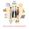 Financial investment banner, poster vector illustration. Earning money. Group of people discussing questions. Man and
