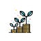 Financial investments or money savings concept with stacks of coins with plants growing up. Flat filled outline style icon