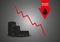 Financial markets concept. Oil barrel with red arrow price down vector illustration.