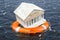 Financial protect from bank failure. Lifebuoy with bank building