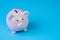 Financial, savings, budget, cost or investment concept, white happy piggy bank on clean blue background with copy space