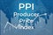 Financial term PPI Producer Price Index on blue finance background from graphs, charts, columns, candles, bars, numbers. Trend