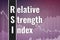 Financial term RSI - Relative strength index on dark and magenta finance background from graphs, charts. Trend Up and Down. 3D