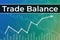 Financial term Trade balance on blue and green finance background from graphs, charts, columns, candles, bars, numbers. Trend Up