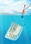 Financial trap creative concept, fishing with money on hook
