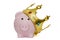 Financial winner or king of money savings concept, pink piggy bank wearing a golden crown on top on white background, best future