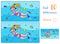 Find 10 differences. Educational game for children. A girl in a mask and fins swims with fish