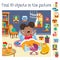 Find 10 hidden objects. Educational game for children. Cute little girl wakes up. Cartoon character. Vector illustration