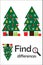 Find 3 differences, christmas game for children, xmas tree in cartoon style, education game for kids, preschool worksheet activity