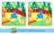 Find 7 differences. Game for children. Activity, vector illustration. Cute mouse near house in summer garden