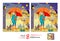 Find 8 differences. Illustration of a little girl walking with puppy. Logic puzzle game for children and adults. Page for kids