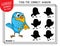 Find the correct shadow Bird. Cute cartoon Parrot. Educational matching game with cartoon character. Logic Games for Kids