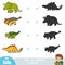 Find the correct shadow, education game. Set of cartoon dinosaurs