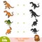 Find the correct shadow, education game. Set of cartoon dinosaurs