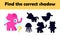 Find the correct shadow educational game for kids. Cute baby elephant. Children entertainment learning preschool game. Funny car