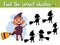 Find the correct shadow. Educational matching game for children with cartoon witch on a broom
