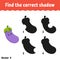 Find the correct shadow eggplant. Education developing worksheet. Matching game for kids. Activity page. Puzzle for children.