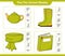 Find the correct shadow. Find and match the correct shadow of Scarf, Book, Rubber Boots, Teapot. Educational children game,