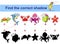 Find correct shadow. Kids educational game. Sea animals. Turtle, shark, crab, octopus, monkfish, starfish