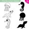 Find the correct shadow. Marine collection. Jellyfish, seals and seahorses. Educational game