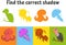 Find the correct shadow. Octopus, jellyfish, ant, vulture. Education worksheet. Matching game for kids. Color activity page.