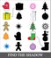 Find the correct shadow. Shadow matching game for children. Christmas new year icons.