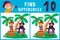 Find differences, education game for children. Pirate and treasure chest on a tropical island. Two pirates.