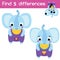 Find the differences educational children game. Kids activity with cartoon elephant