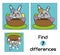 Find the differences educational children game. Kids activity sheet, with cute Easter bunny character