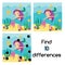 Find the differences educational children game. Kids activity sheet with cute mermaid underwater