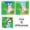 Find the differences educational children game. Kids activity sheet with Egg hunt rabbit. Easter theme