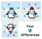 Find the differences educational children game. Kids activity sheet, with penguin. winter theme