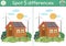 Find differences game for children. Ecological educational activity with cute house, solar panels, wind turbines. Earth day puzzle