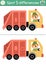 Find differences game for children. Ecological educational activity with cute rubbish truck. Earth day puzzle for kids. Eco