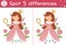 Find differences game for children. Fairytale educational activity with cute princess and mirror. Magic kingdom puzzle for kids