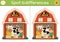 Find differences game for children. On the farm educational activity with cute barn house, girl milking cow. Farm puzzle for kids