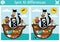 Find differences game for children. Sea adventures educational activity with cute pirate ship interior, cabin and hold. Puzzle for