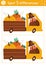 Find differences game for children. Thanksgiving educational activity with funny turkey driving a van with pumpkins. Printable