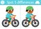 Find differences game for children. Transportation educational activity with cute boy riding bike. Cute puzzle for kids with funny