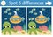 Find differences game for children. Under the sea educational activity with cute scene, submarine, octopus. Ocean life puzzle for
