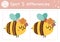 Find differences game for children. Woodland educational activity with funny bumblebee. Printable worksheet with cute insect.