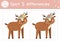 Find differences game for children. Woodland educational activity with funny deer. Printable worksheet with cute animal. Spring