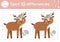 Find differences game for children. Woodland educational activity with funny deer. Printable worksheet with cute animal. Spring