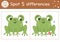 Find differences game for children. Woodland educational activity with funny frog and insect. Printable worksheet with cute animal