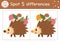 Find differences game for children. Woodland educational activity with funny hedgehog carrying apples. Printable worksheet with